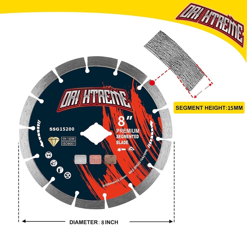 ORIXTREME 8Inch Diamond Saw Blade, Segmented General Purpose Blade Dry/Wet Cutting Concrete, Masonry, Brick, Block,Stone 7/8"-5/8” Arbor - Image 2